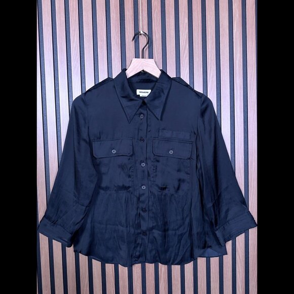 Zadig & Voltaire Shirt Large Womens Black Toast Satin Pocket Casual Button Top - Picture 1 of 7